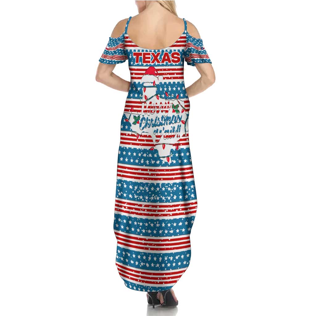Texas Christmas Summer Maxi Dress with Blue and Red Striped Festive Pattern Lone Star and Santa Motif - Wonder Print Shop