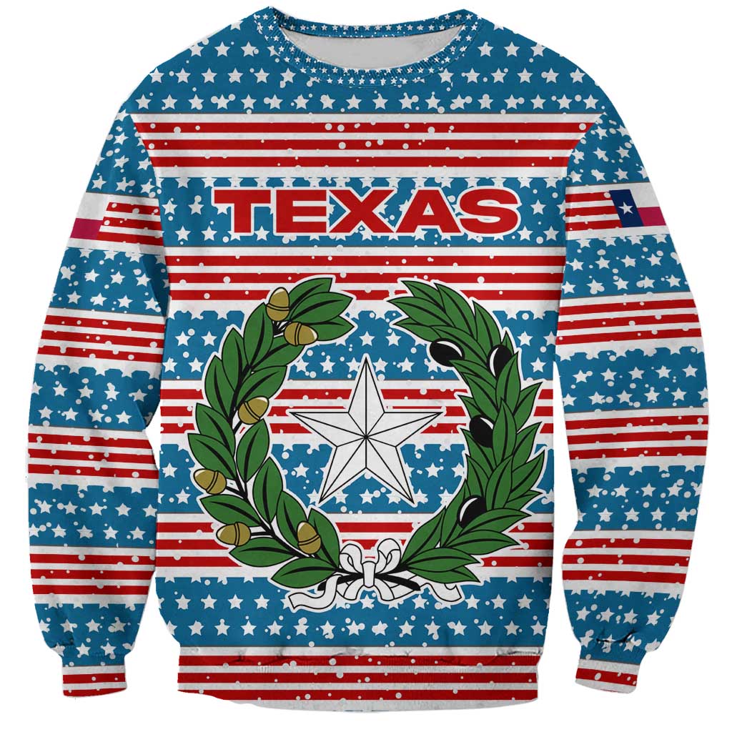 Texas Christmas Sweatshirt with Blue and Red Striped Festive Pattern Lone Star and Santa Motif - Wonder Print Shop