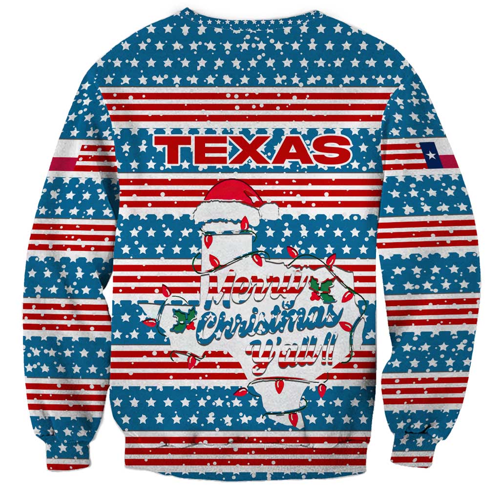 Texas Christmas Sweatshirt with Blue and Red Striped Festive Pattern Lone Star and Santa Motif - Wonder Print Shop