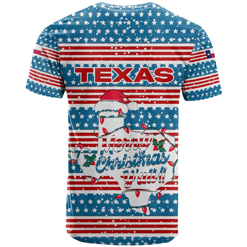 Texas Christmas T Shirt with Blue and Red Striped Festive Pattern Lone Star and Santa Motif - Wonder Print Shop