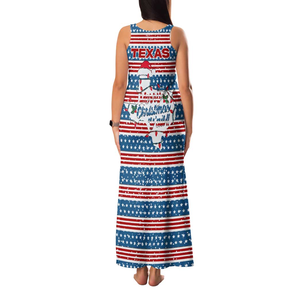 Texas Christmas Tank Maxi Dress with Blue and Red Striped Festive Pattern Lone Star and Santa Motif - Wonder Print Shop