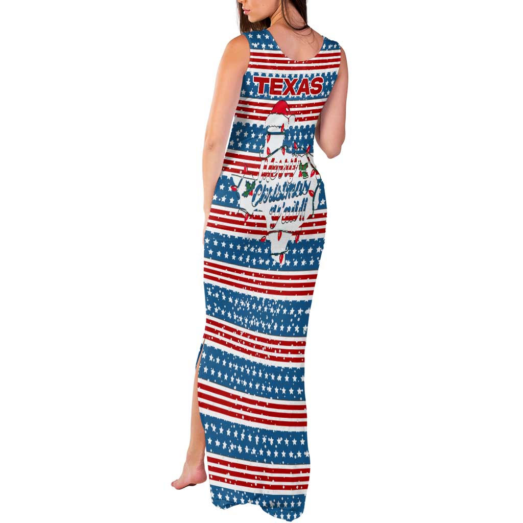 Texas Christmas Tank Maxi Dress with Blue and Red Striped Festive Pattern Lone Star and Santa Motif - Wonder Print Shop