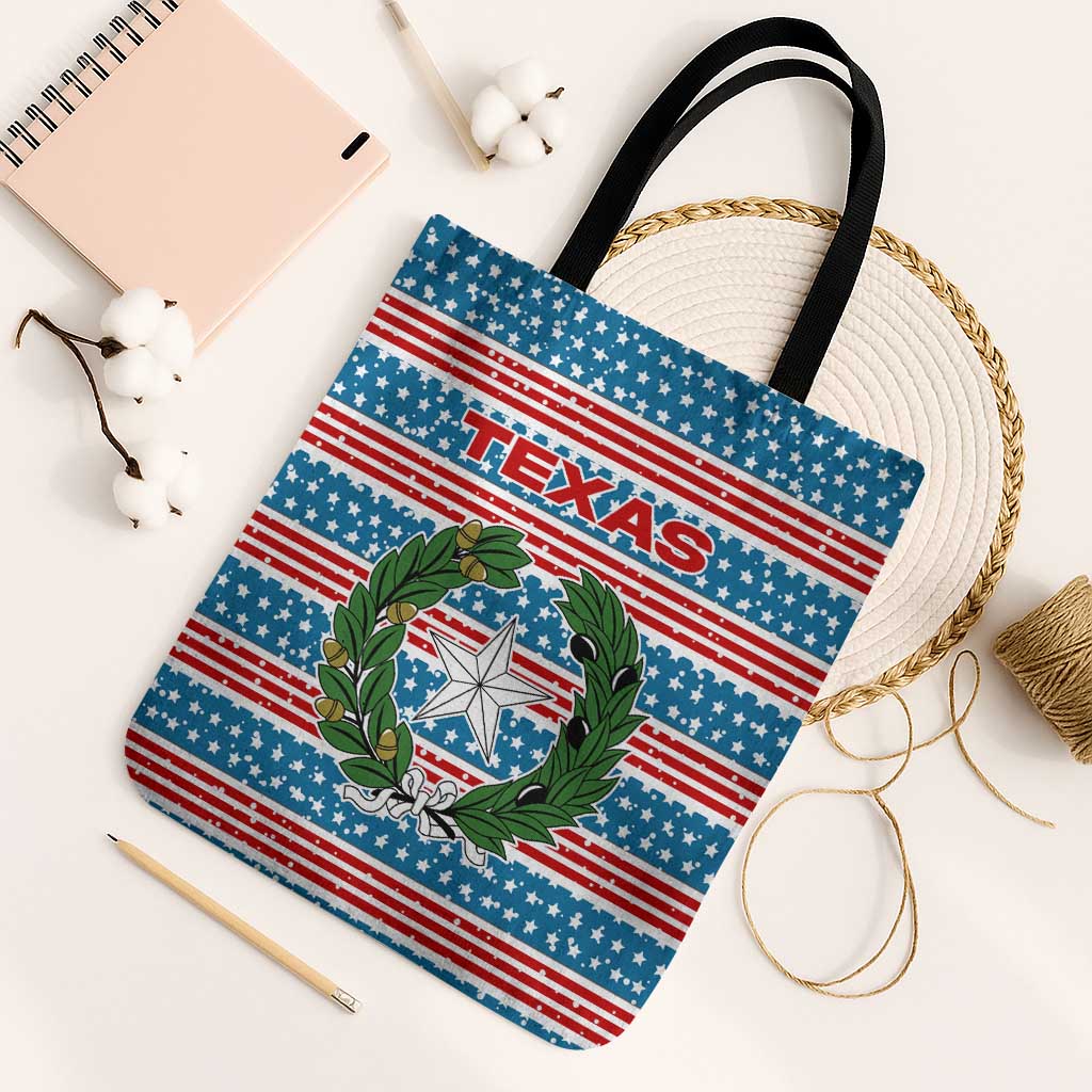 Texas Christmas Tote Bag with Blue and Red Striped Festive Pattern Lone Star and Santa Motif - Wonder Print Shop