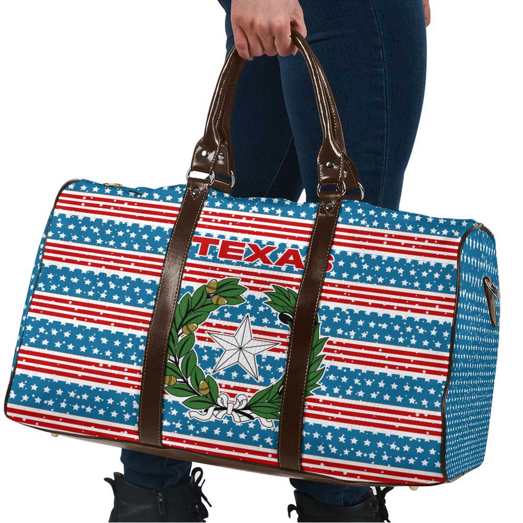 Texas Christmas Travel Bag with Blue and Red Striped Festive Pattern Lone Star and Santa Motif - Wonder Print Shop