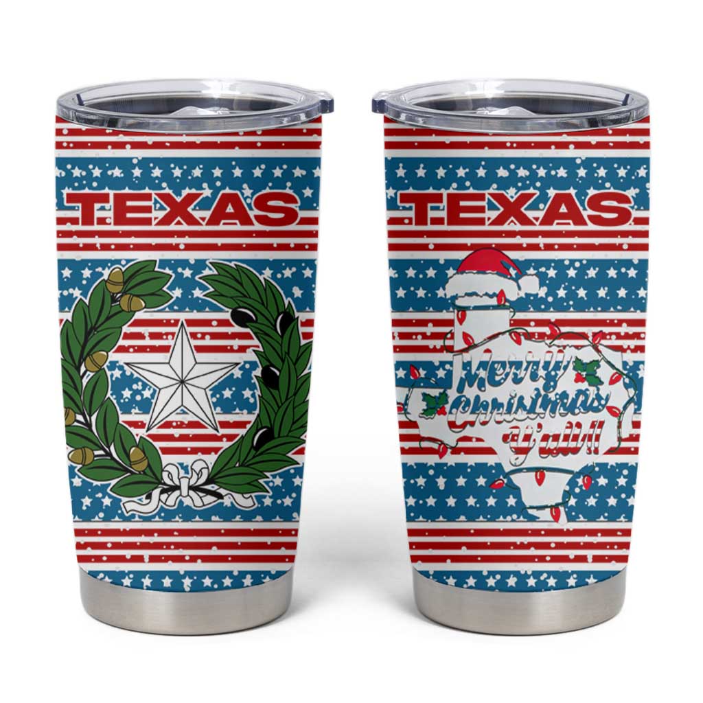 Texas Christmas Tumbler Cup with Blue and Red Striped Festive Pattern Lone Star and Santa Motif - Wonder Print Shop