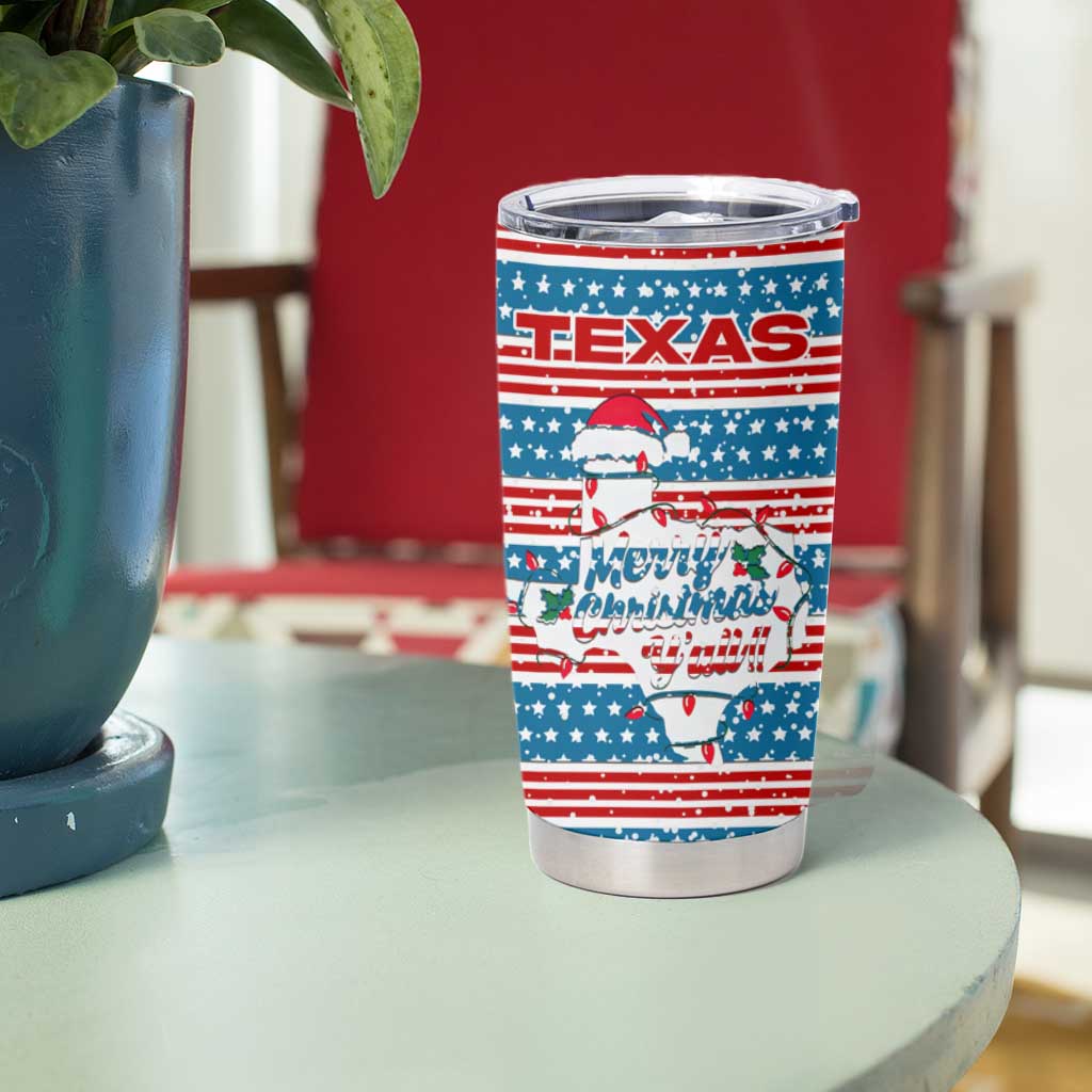 Texas Christmas Tumbler Cup with Blue and Red Striped Festive Pattern Lone Star and Santa Motif - Wonder Print Shop