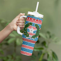 Texas Christmas Tumbler With Handle with Blue and Red Striped Festive Pattern Lone Star and Santa Motif - Wonder Print Shop