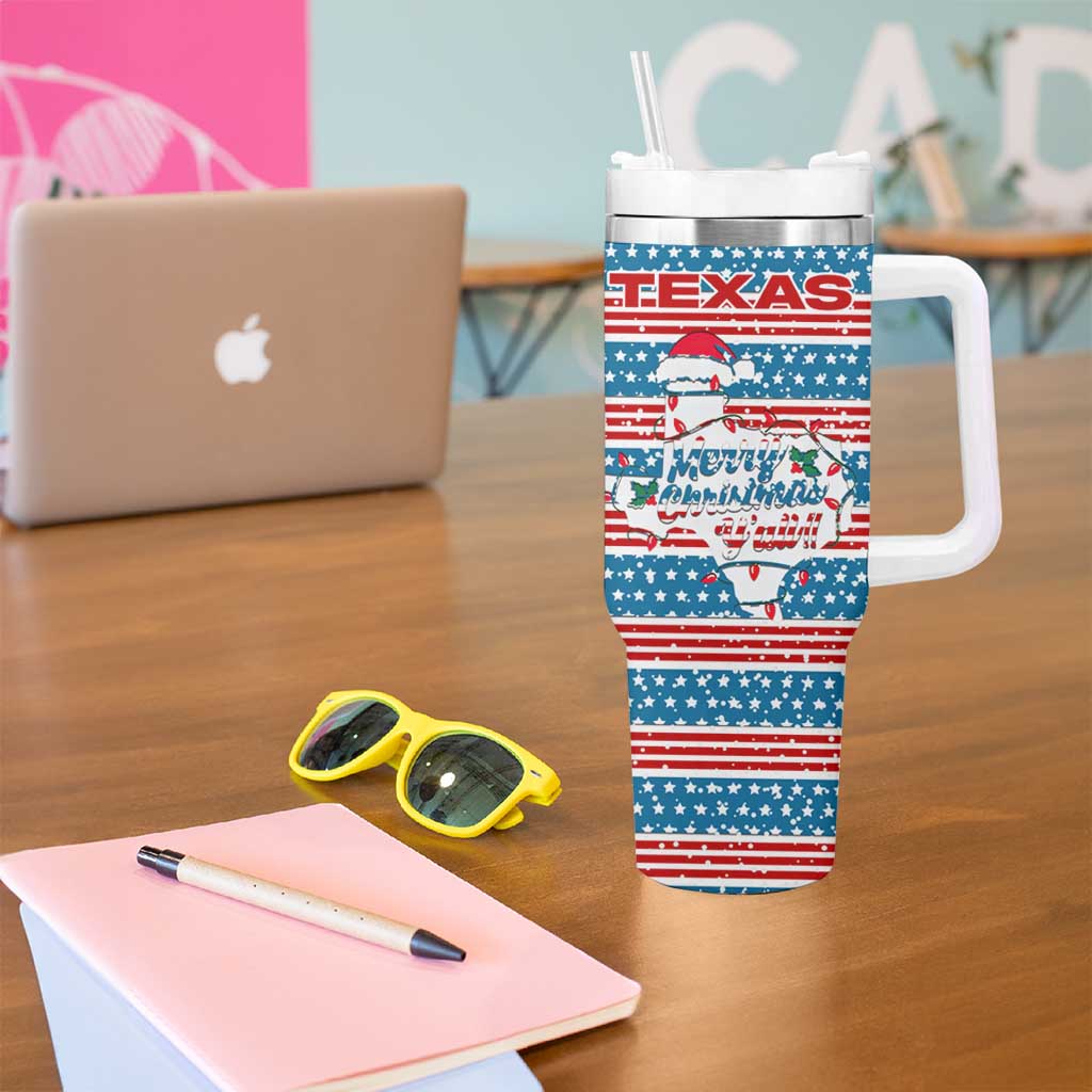 Texas Christmas Tumbler With Handle with Blue and Red Striped Festive Pattern Lone Star and Santa Motif - Wonder Print Shop