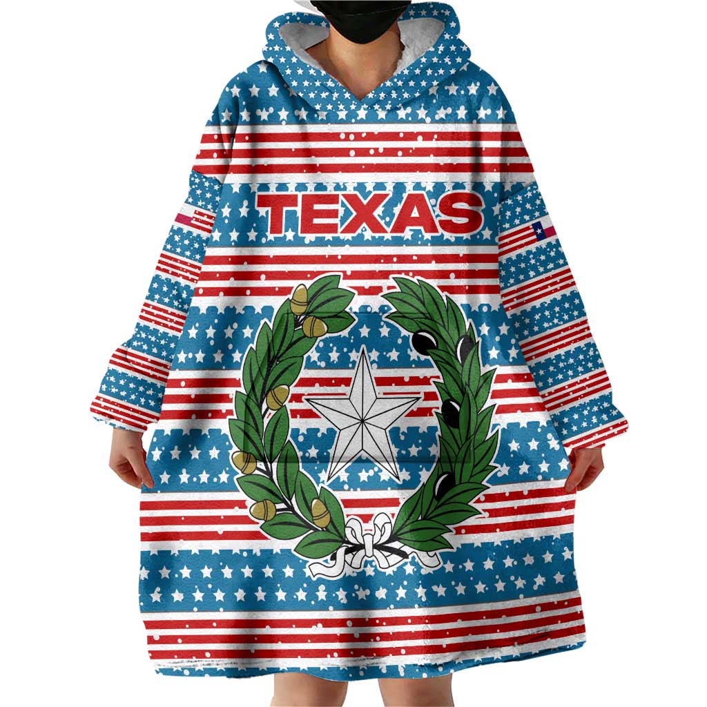 Texas Christmas Wearable Blanket Hoodie with Blue and Red Striped Festive Pattern Lone Star and Santa Motif - Wonder Print Shop