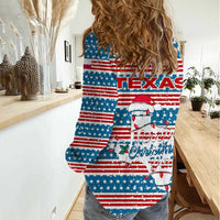 Texas Christmas Women Casual Shirt with Blue and Red Striped Festive Pattern Lone Star and Santa Motif - Wonder Print Shop
