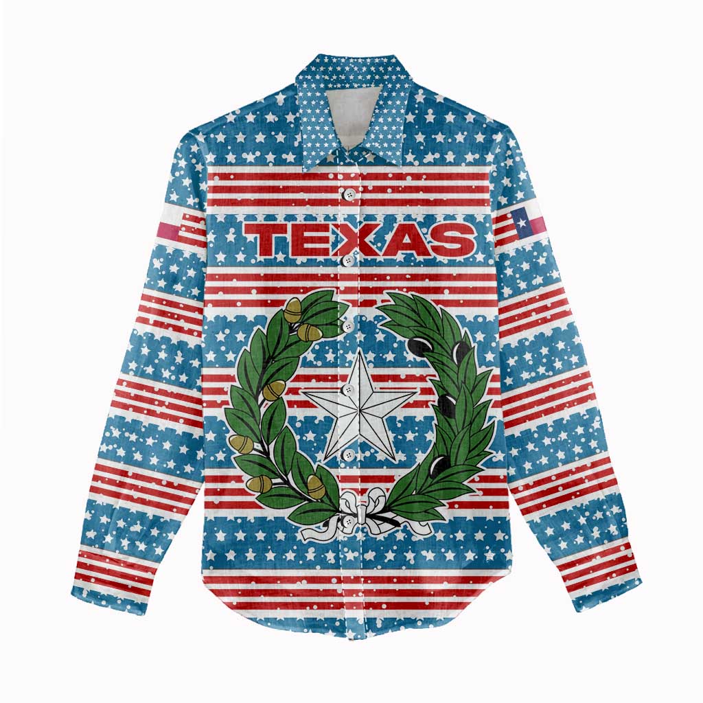 Texas Christmas Women Casual Shirt with Blue and Red Striped Festive Pattern Lone Star and Santa Motif - Wonder Print Shop