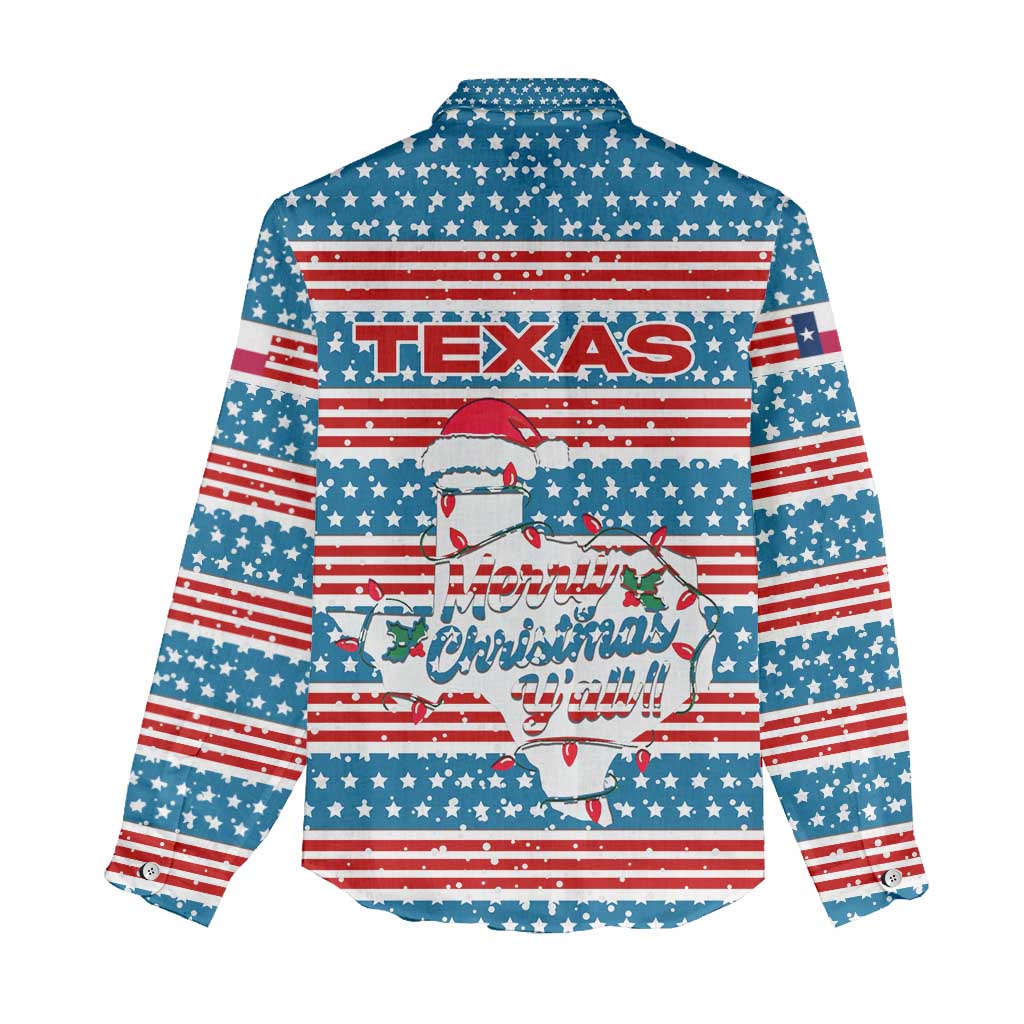 Texas Christmas Women Casual Shirt with Blue and Red Striped Festive Pattern Lone Star and Santa Motif - Wonder Print Shop