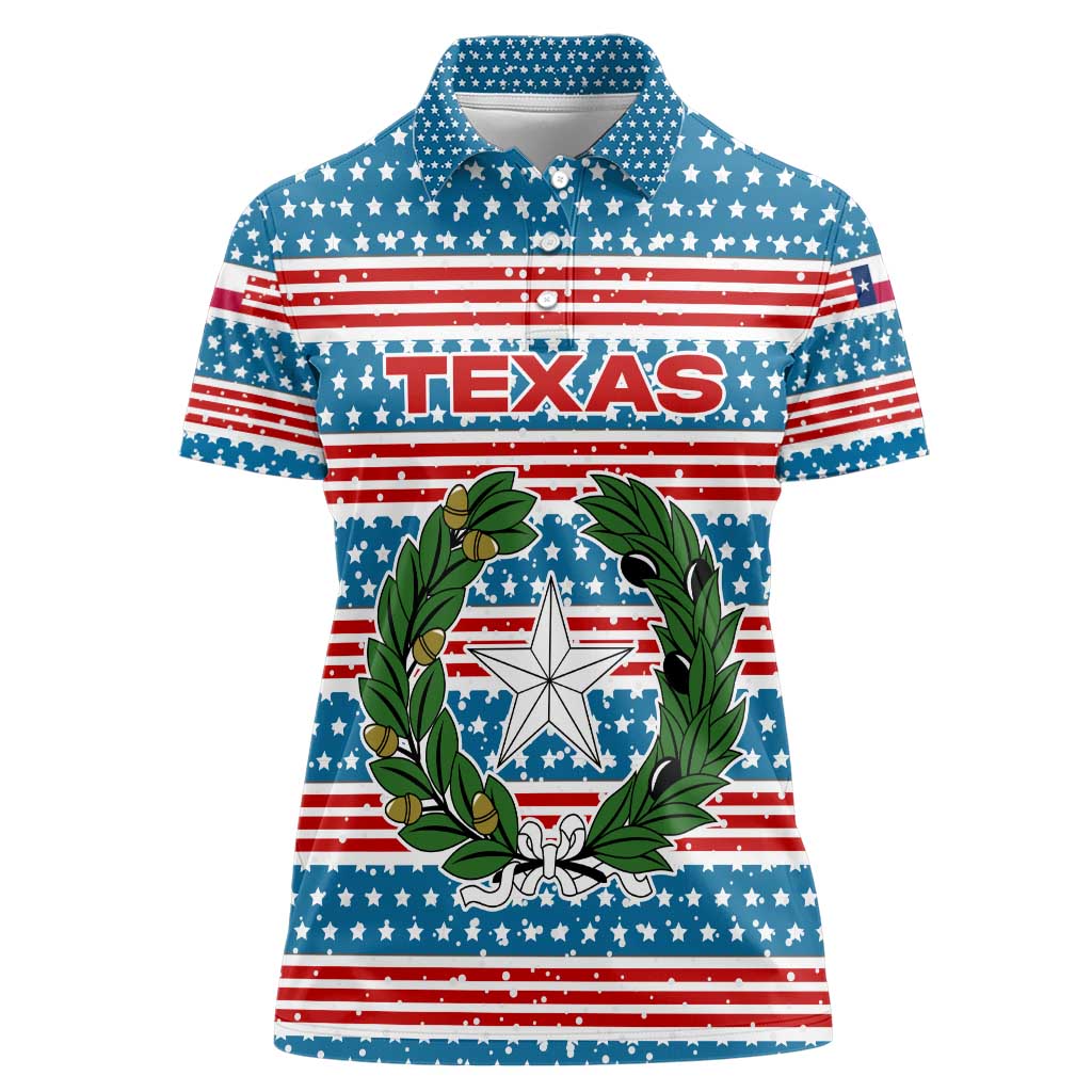 Texas Christmas Women Polo Shirt with Blue and Red Striped Festive Pattern Lone Star and Santa Motif - Wonder Print Shop