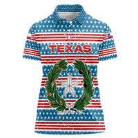 Texas Christmas Women Polo Shirt with Blue and Red Striped Festive Pattern Lone Star and Santa Motif - Wonder Print Shop