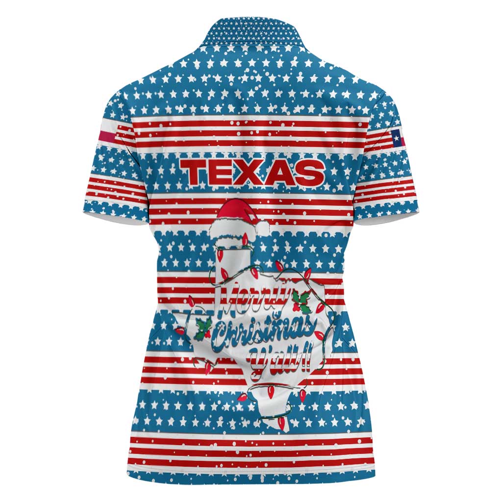 Texas Christmas Women Polo Shirt with Blue and Red Striped Festive Pattern Lone Star and Santa Motif - Wonder Print Shop