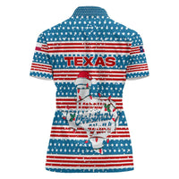 Texas Christmas Women Polo Shirt with Blue and Red Striped Festive Pattern Lone Star and Santa Motif - Wonder Print Shop