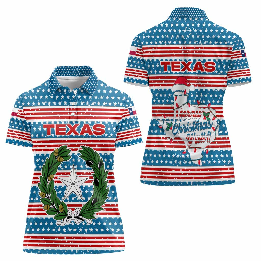 Texas Christmas Women Polo Shirt with Blue and Red Striped Festive Pattern Lone Star and Santa Motif - Wonder Print Shop