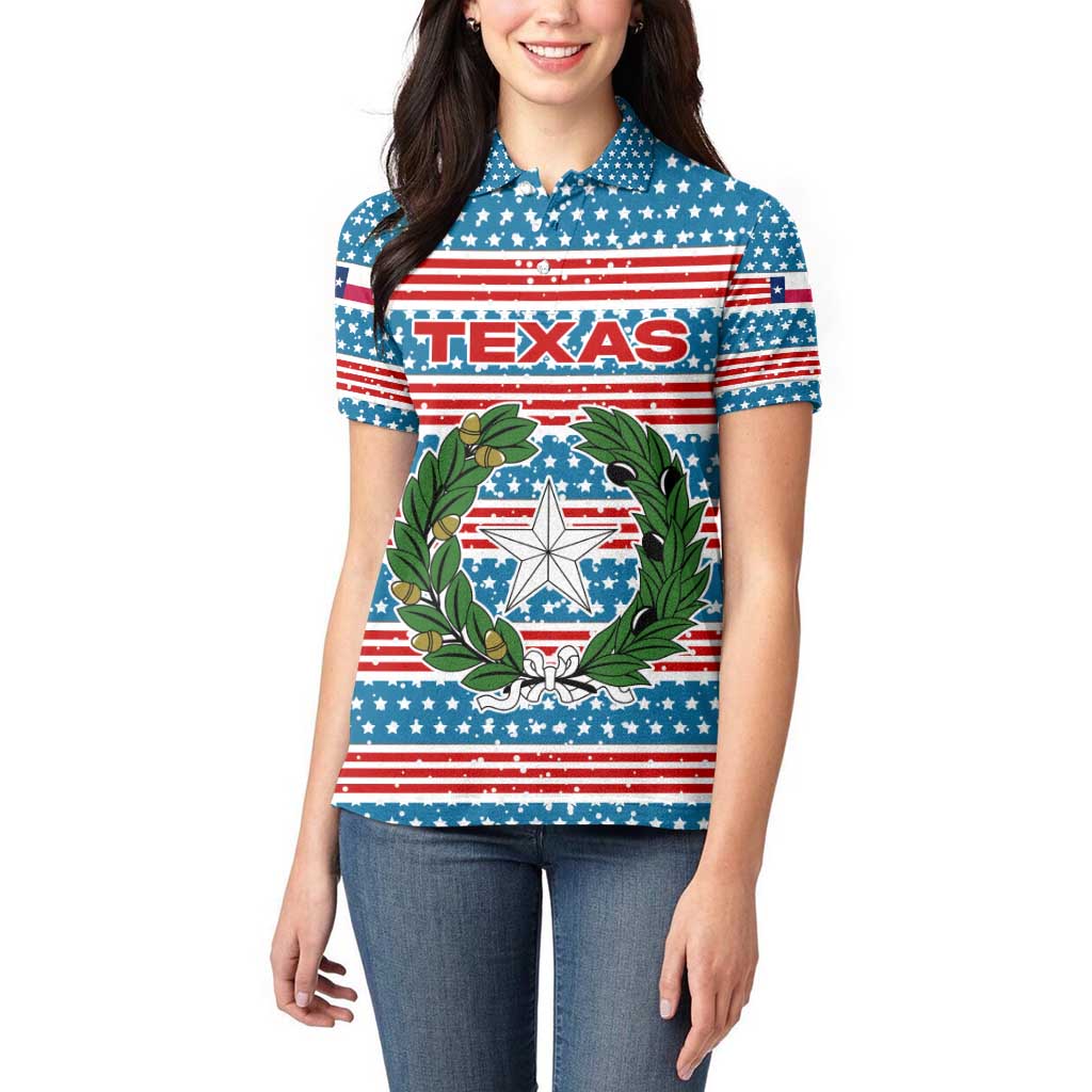Texas Christmas Women Polo Shirt with Blue and Red Striped Festive Pattern Lone Star and Santa Motif - Wonder Print Shop
