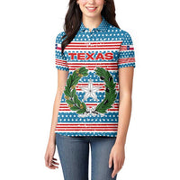 Texas Christmas Women Polo Shirt with Blue and Red Striped Festive Pattern Lone Star and Santa Motif - Wonder Print Shop