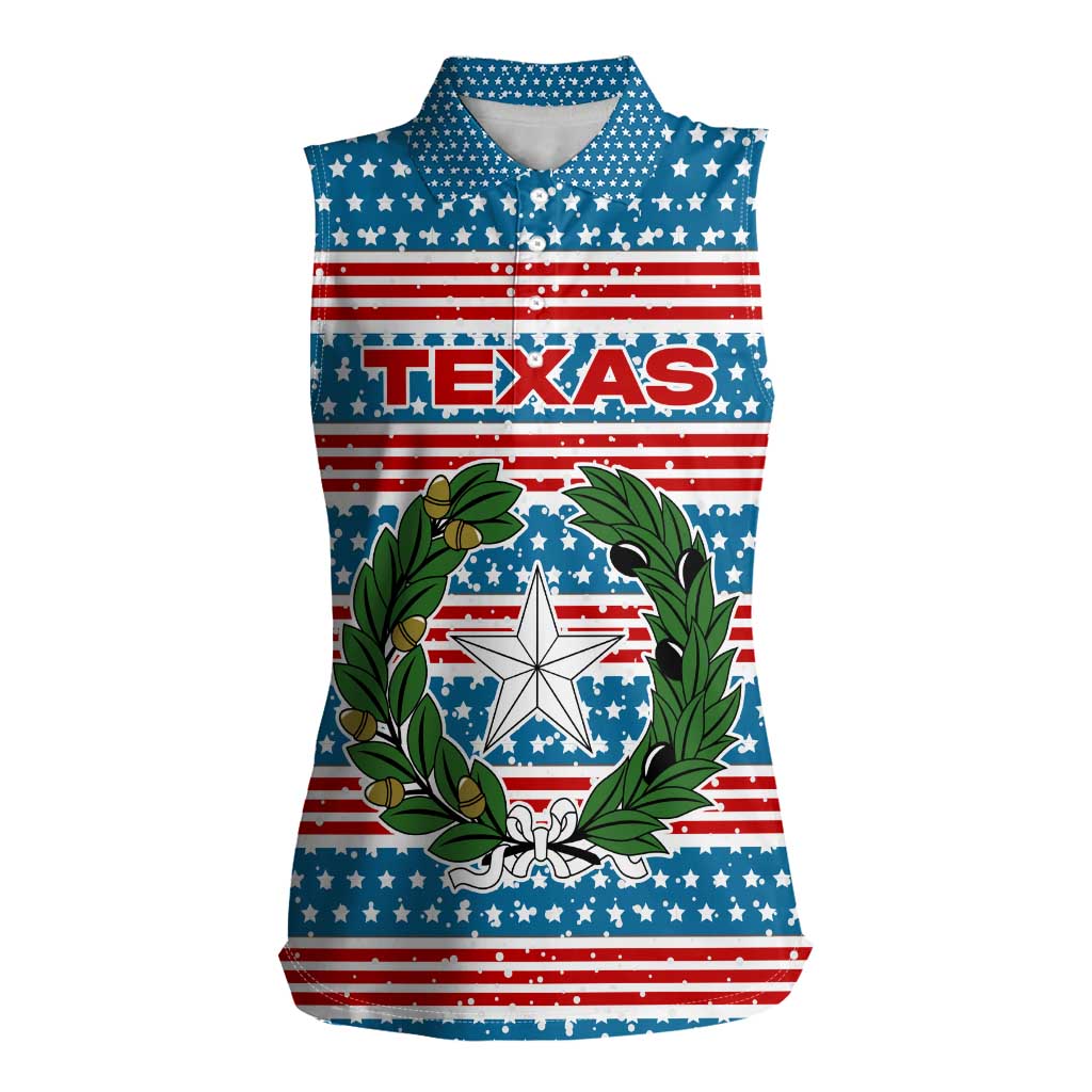 Texas Christmas Women Sleeveless Polo Shirt with Blue and Red Striped Festive Pattern Lone Star and Santa Motif - Wonder Print Shop