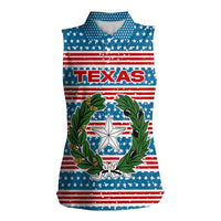 Texas Christmas Women Sleeveless Polo Shirt with Blue and Red Striped Festive Pattern Lone Star and Santa Motif - Wonder Print Shop
