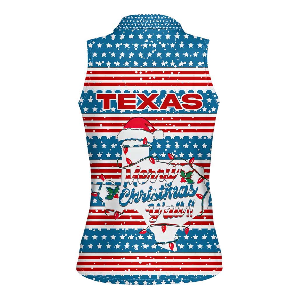 Texas Christmas Women Sleeveless Polo Shirt with Blue and Red Striped Festive Pattern Lone Star and Santa Motif - Wonder Print Shop
