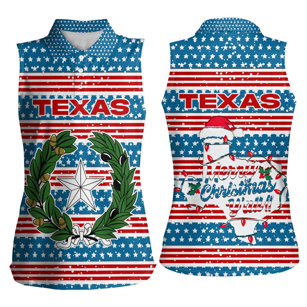 Texas Christmas Women Sleeveless Polo Shirt with Blue and Red Striped Festive Pattern Lone Star and Santa Motif - Wonder Print Shop