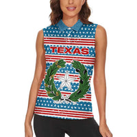 Texas Christmas Women Sleeveless Polo Shirt with Blue and Red Striped Festive Pattern Lone Star and Santa Motif - Wonder Print Shop