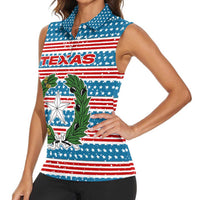 Texas Christmas Women Sleeveless Polo Shirt with Blue and Red Striped Festive Pattern Lone Star and Santa Motif - Wonder Print Shop
