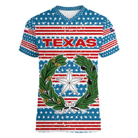Texas Christmas Women V-Neck T-Shirt with Blue and Red Striped Festive Pattern Lone Star and Santa Motif - Wonder Print Shop
