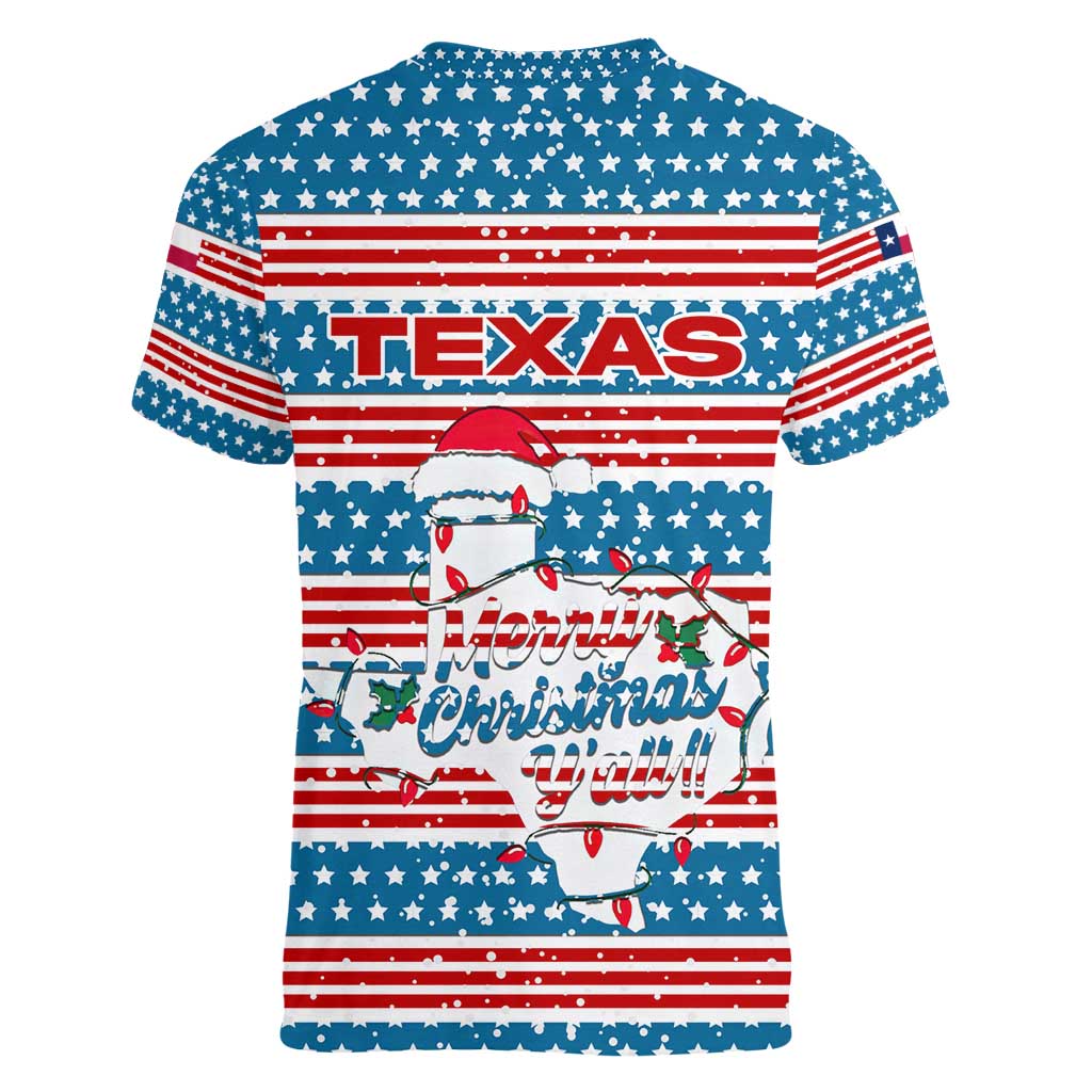 Texas Christmas Women V-Neck T-Shirt with Blue and Red Striped Festive Pattern Lone Star and Santa Motif - Wonder Print Shop