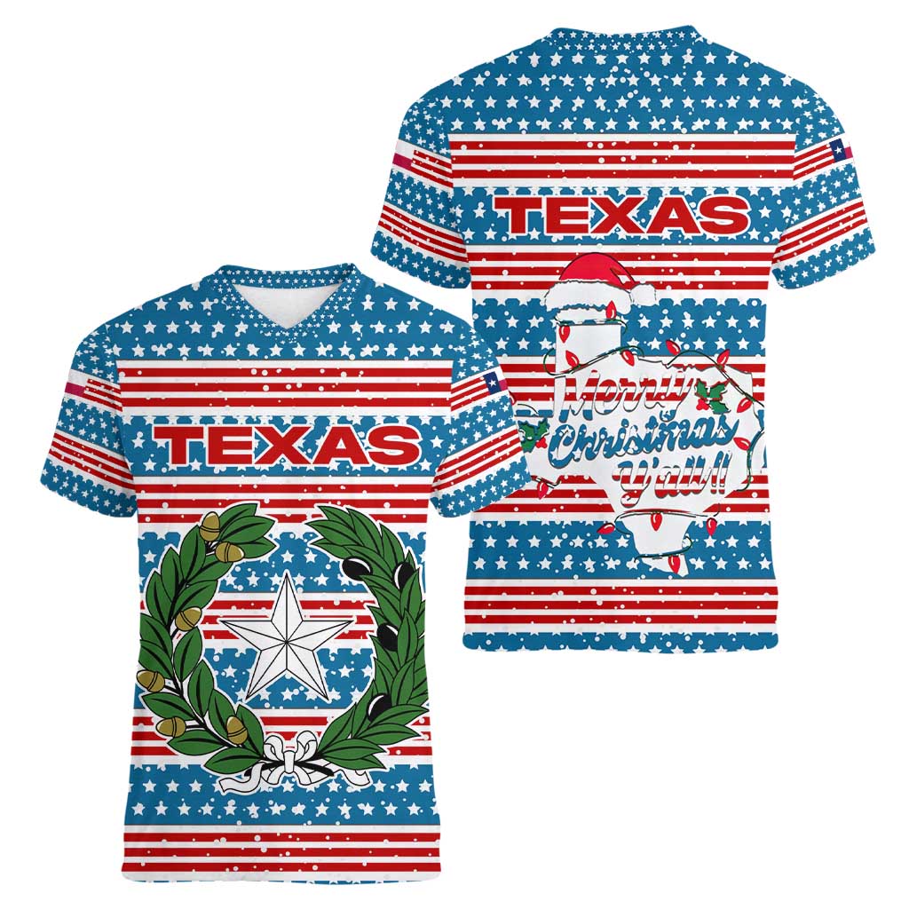 Texas Christmas Women V-Neck T-Shirt with Blue and Red Striped Festive Pattern Lone Star and Santa Motif - Wonder Print Shop