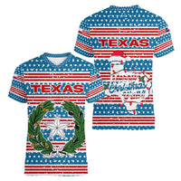 Texas Christmas Women V-Neck T-Shirt with Blue and Red Striped Festive Pattern Lone Star and Santa Motif - Wonder Print Shop