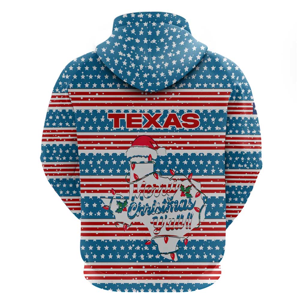 Texas Christmas Zip Hoodie with Blue and Red Striped Festive Pattern Lone Star and Santa Motif - Wonder Print Shop