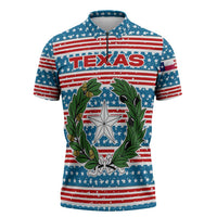 Texas Christmas Zipper Polo Shirt with Blue and Red Striped Festive Pattern Lone Star and Santa Motif - Wonder Print Shop