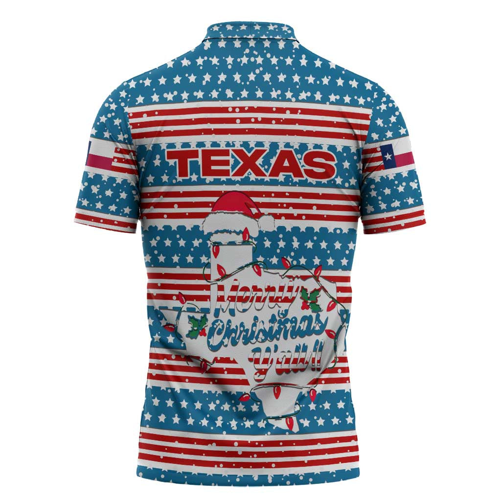 Texas Christmas Zipper Polo Shirt with Blue and Red Striped Festive Pattern Lone Star and Santa Motif - Wonder Print Shop