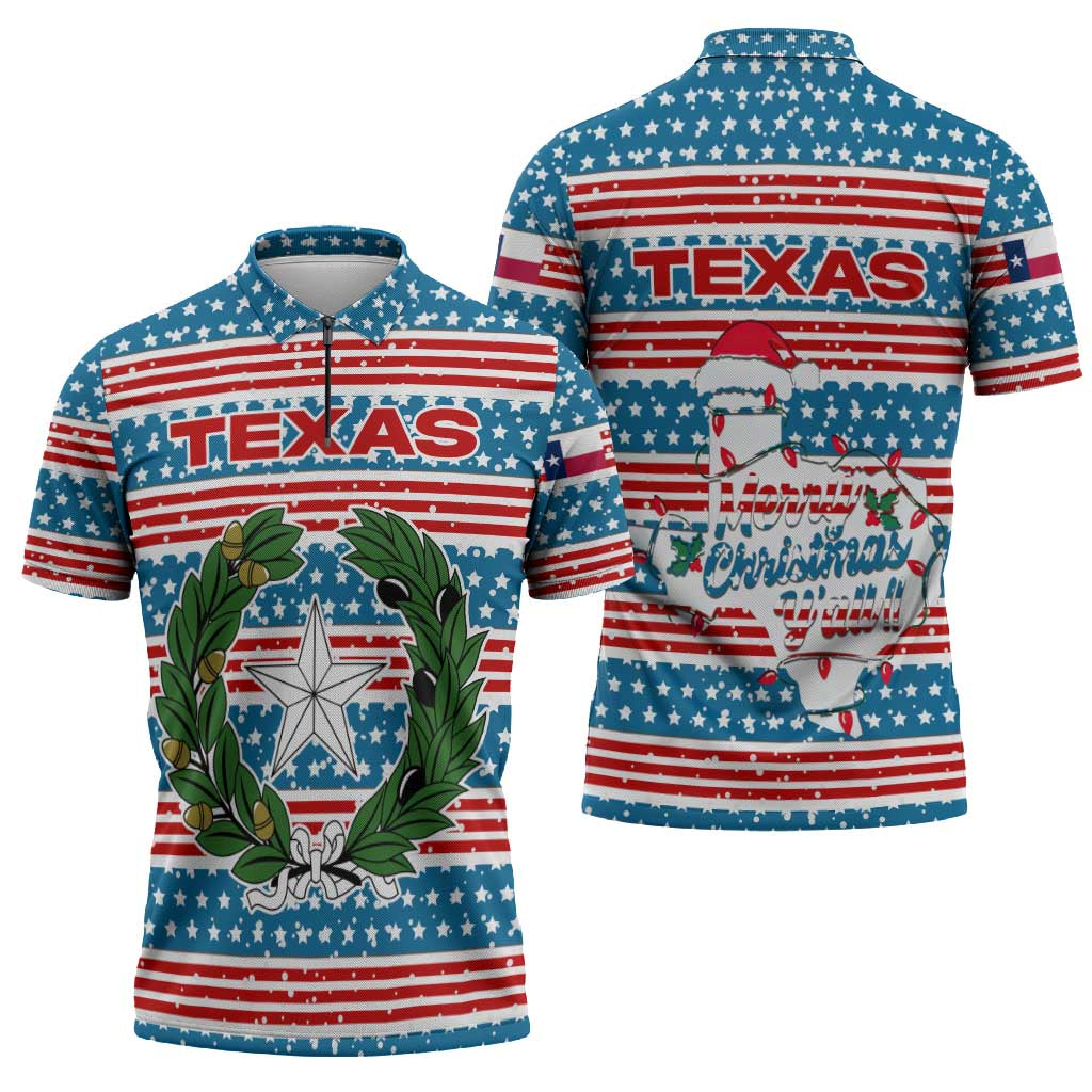 Texas Christmas Zipper Polo Shirt with Blue and Red Striped Festive Pattern Lone Star and Santa Motif - Wonder Print Shop