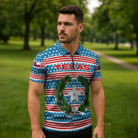 Texas Christmas Zipper Polo Shirt with Blue and Red Striped Festive Pattern Lone Star and Santa Motif - Wonder Print Shop