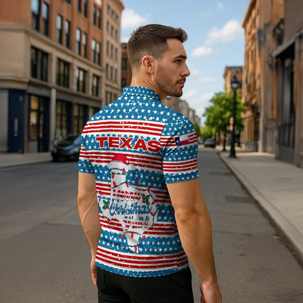 Texas Christmas Zipper Polo Shirt with Blue and Red Striped Festive Pattern Lone Star and Santa Motif - Wonder Print Shop