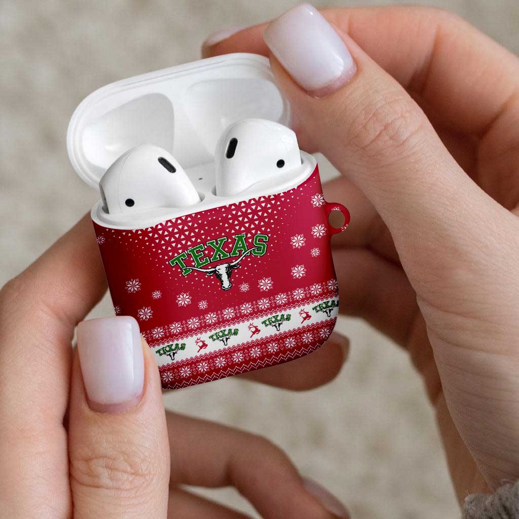 Texas Christmas AirPods Case with Red and White Snowflake Pattern Longhorn Skull and Christmas Cactus Motif - Wonder Print Shop