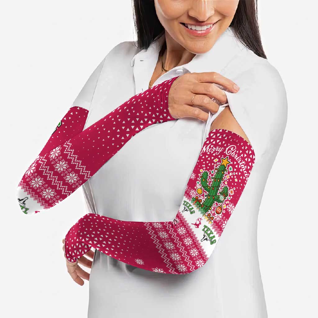 Texas Christmas Arm Sleeves with Red and White Snowflake Pattern Longhorn Skull and Christmas Cactus Motif - Wonder Print Shop
