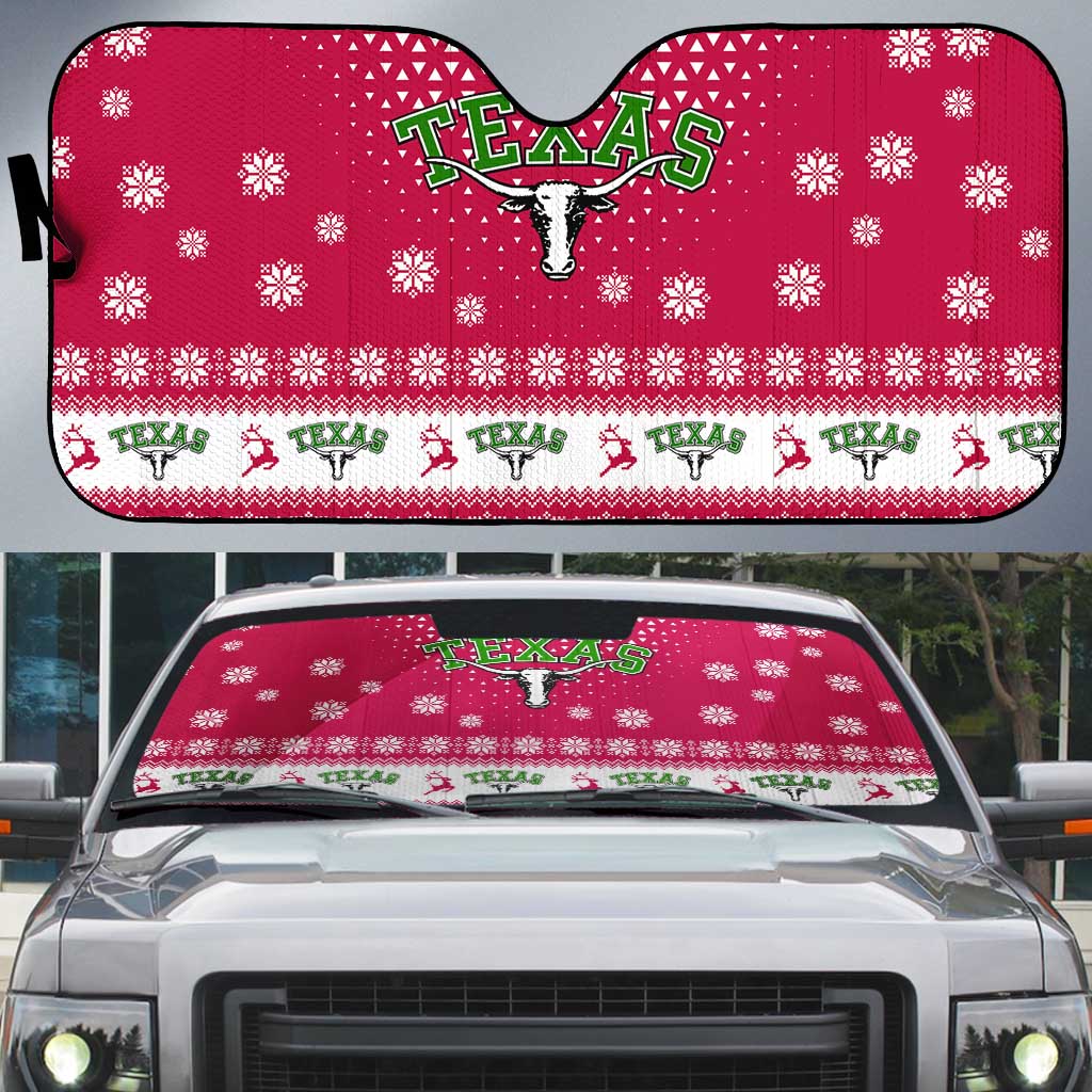 Texas Christmas Auto Sun Shade with Red and White Snowflake Pattern Longhorn Skull and Christmas Cactus Motif - Wonder Print Shop