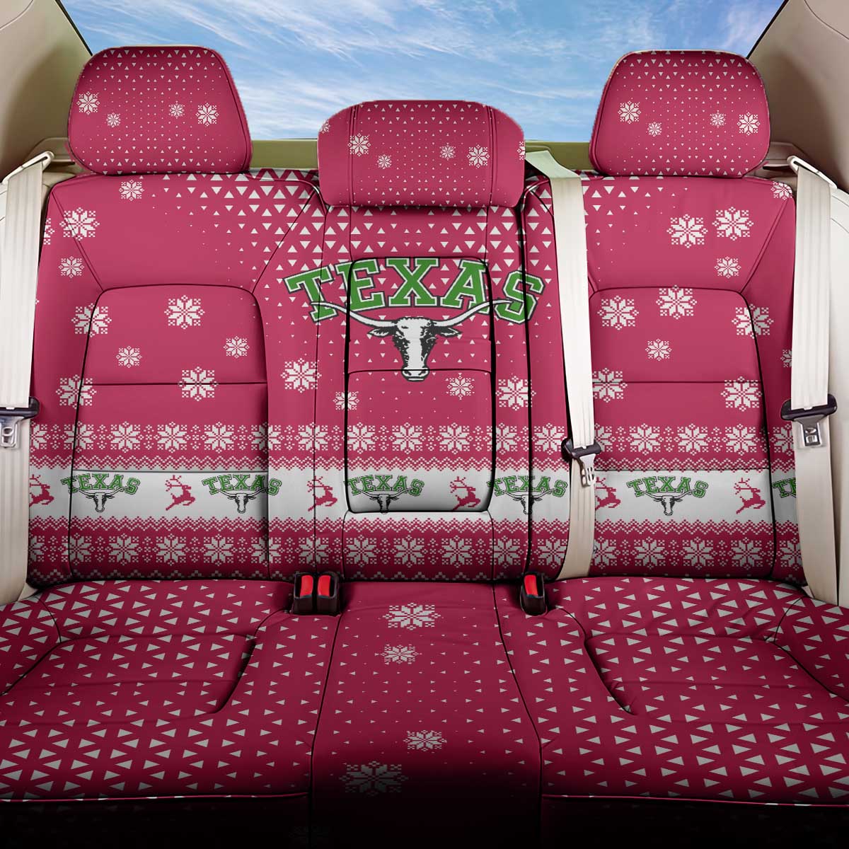Texas Christmas Back Car Seat Cover with Red and White Snowflake Pattern Longhorn Skull and Christmas Cactus Motif - Wonder Print Shop