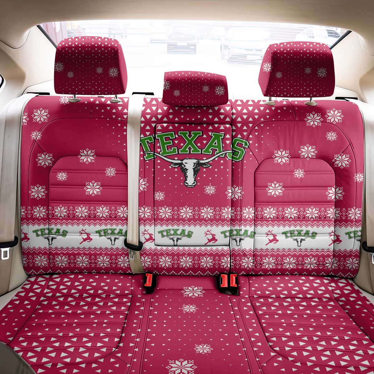 Texas Christmas Back Car Seat Cover with Red and White Snowflake Pattern Longhorn Skull and Christmas Cactus Motif - Wonder Print Shop