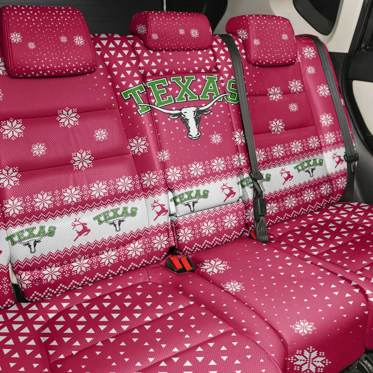 Texas Christmas Back Car Seat Cover with Red and White Snowflake Pattern Longhorn Skull and Christmas Cactus Motif - Wonder Print Shop