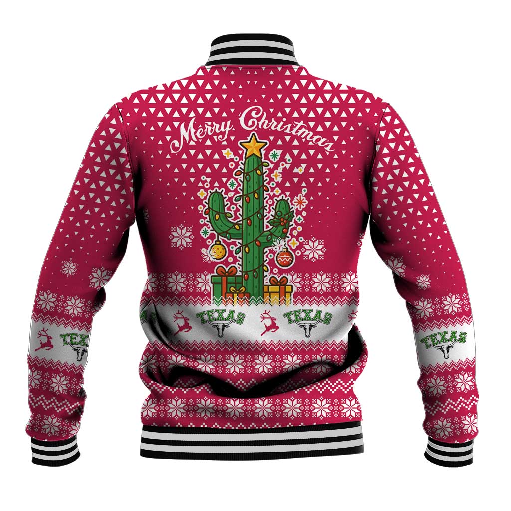 Texas Christmas Baseball Jacket with Red and White Snowflake Pattern Longhorn Skull and Christmas Cactus Motif - Wonder Print Shop