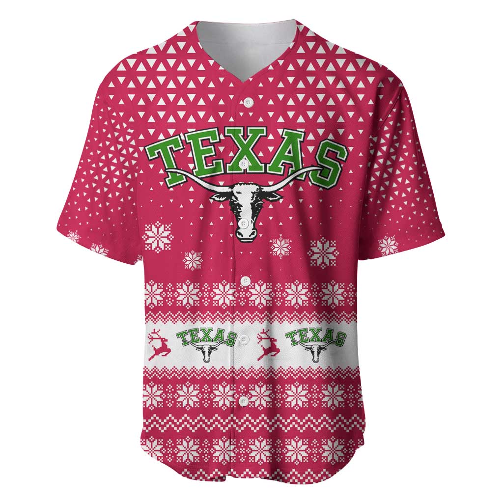Texas Christmas Baseball Jersey with Red and White Snowflake Pattern Longhorn Skull and Christmas Cactus Motif - Wonder Print Shop