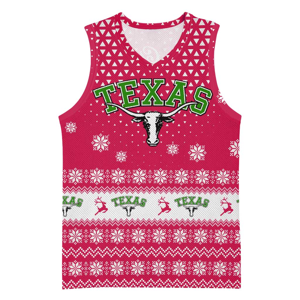 Texas Christmas Basketball Jersey with Red and White Snowflake Pattern Longhorn Skull and Christmas Cactus Motif - Wonder Print Shop