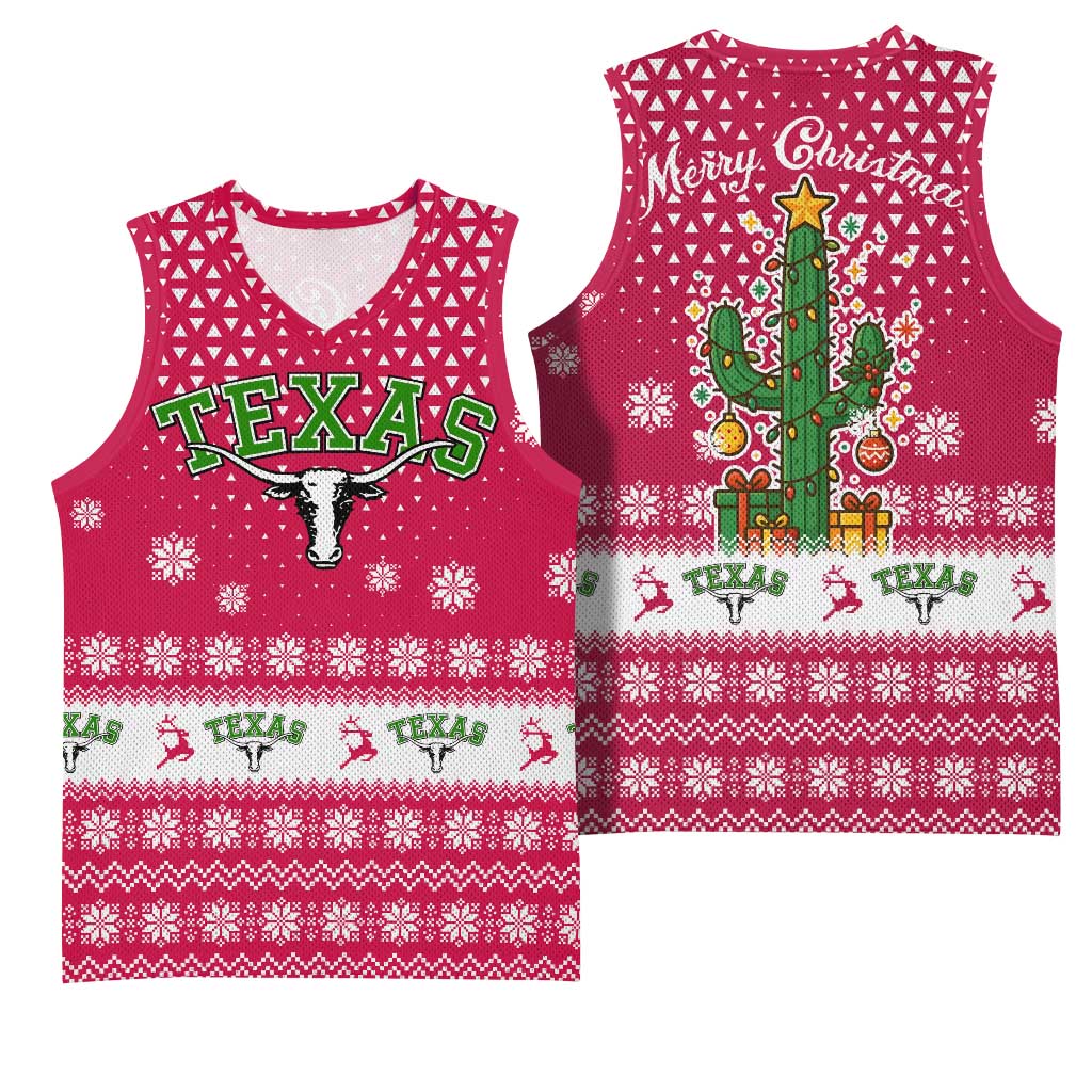 Texas Christmas Basketball Jersey with Red and White Snowflake Pattern Longhorn Skull and Christmas Cactus Motif - Wonder Print Shop