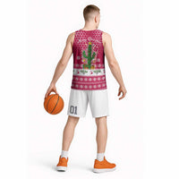 Texas Christmas Basketball Jersey with Red and White Snowflake Pattern Longhorn Skull and Christmas Cactus Motif - Wonder Print Shop